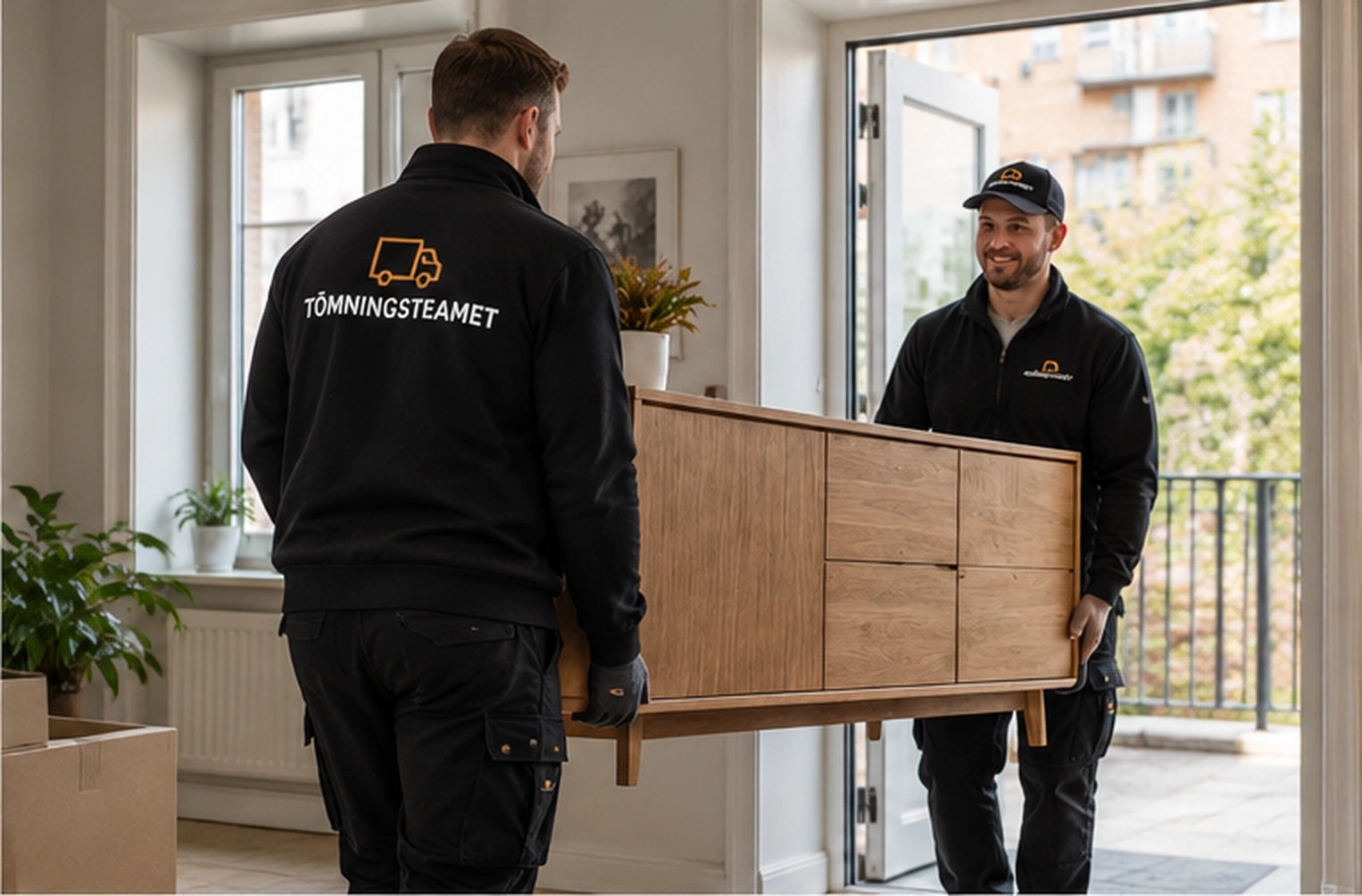 Tömningsteamet bär ut en möbel ur en lägenhet